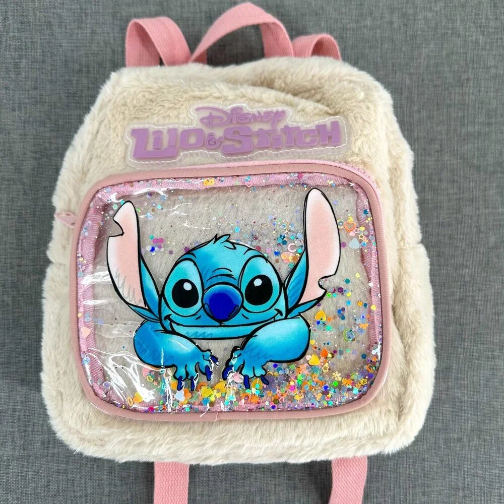 NEW! Disney Lilo & Stitch Plush Backpack Beige Turquoise Sequin Pocket detail‎